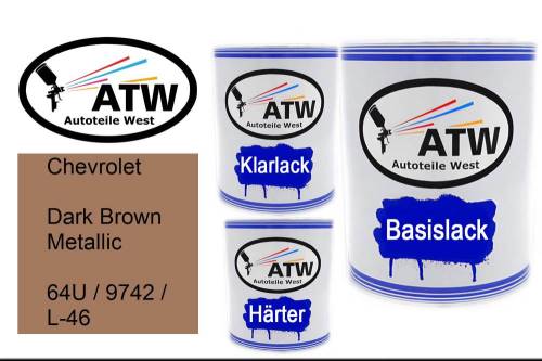 Chevrolet, Dark Brown Metallic, 64U / 9742 / L-46: 1L Lackdose + 1L Klarlack + 500ml Härter - Set, von ATW Autoteile West.